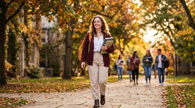 Smiling college student walking across autumn campus with books and backpack, happy young university woman studying outdoors during golden hour fall semester, academic higher education lifestyle