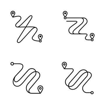 Set of four simple line art map route icons with location pins.