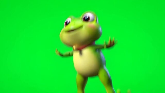 Cute green frog jumping on green screen