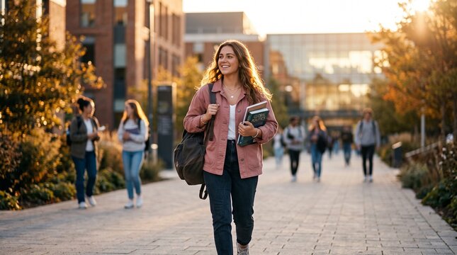 Smiling female college student walking on university campus, happy young woman carrying books outdoors, cheerful student going to class on school pathway during golden hour sunset light