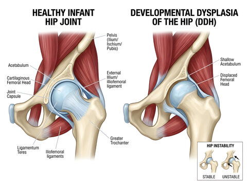 Healthy vs dysplastic infant hip joint comparison diagram isolated on white background