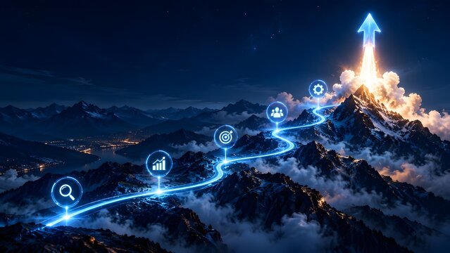 Illuminated tech path winding up a snowy mountain peak towards a glowing upward arrow representing strategic goals and achievement