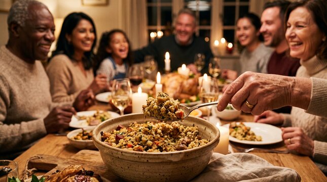 Diverse family enjoys warm cozy candlelight dinner with roasted turkey and abundant year end feast