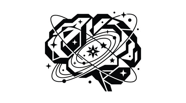 Abstract geometric human brain illustration with cosmic space orbits and sparkling stars in silhouette style