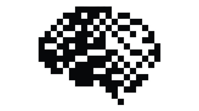 Minimalist human brain symbol designed with a digital pixel art aesthetic isolated on a solid white background