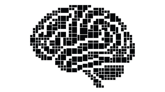 Abstract human brain icon composed of black and white square pixels isolated on plain white background