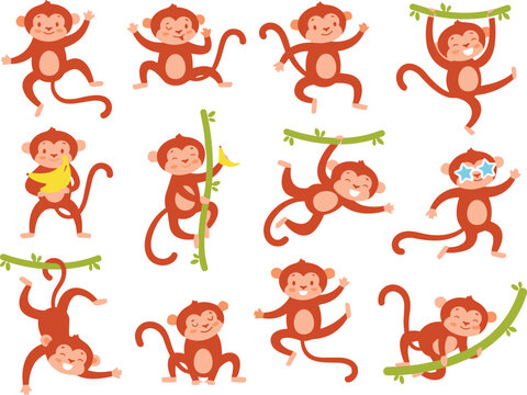 Funny cartoon vector illustration set of cute orange monkeys jumping, dancing, hanging on green vines, eating banana and wearing star shaped sunglasses