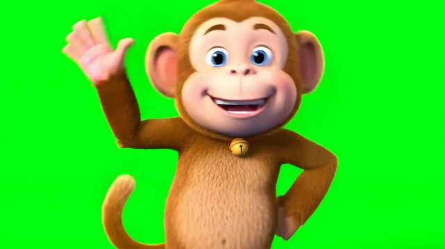 Funny cartoon monkey waving on green screen