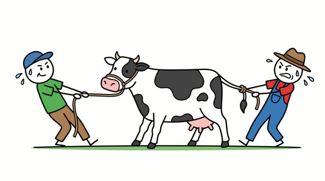 Two men pulling a cow in opposite directions vector illustration