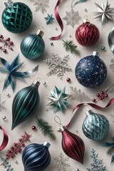 Fototapeta premium Elegant teal burgundy ornaments silver snowflakes holiday background