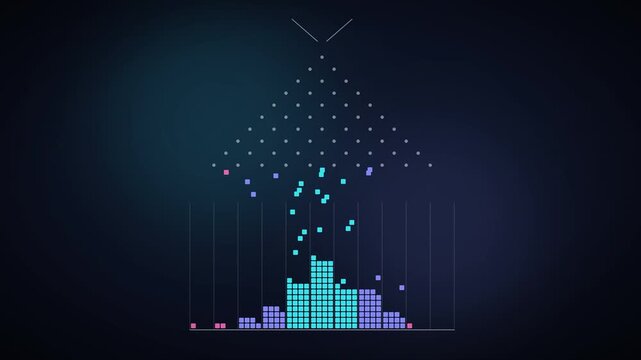 Galton Board Animation Forming Normal Distribution Bell Curve with Cyan and Purple Data Blocks, Statistics and Probability Infographic for Education Videos. Seamless Loop