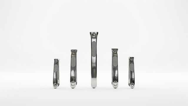 Five metal nail clippers arranged in ascending and descending order on a white background with clippers aligned symmetrical symmetrical row tallest tallest one center