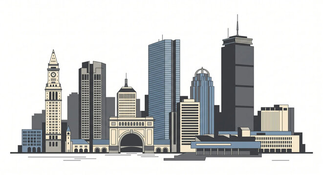 A clean vector illustration of the Boston skyline with detailed blue and grey skyscrapers.