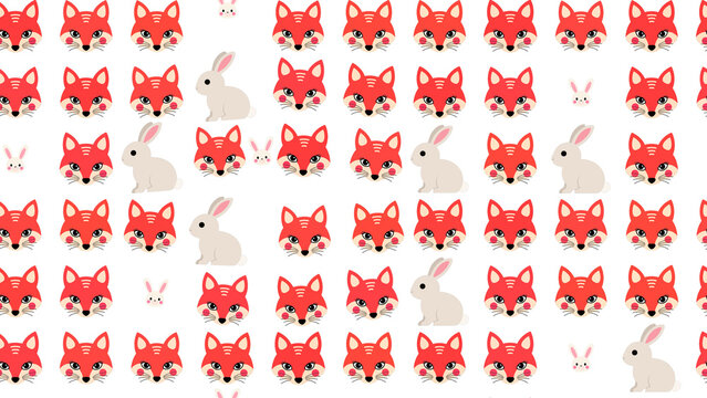 Cartoon fox faces and rabbits seamless pattern