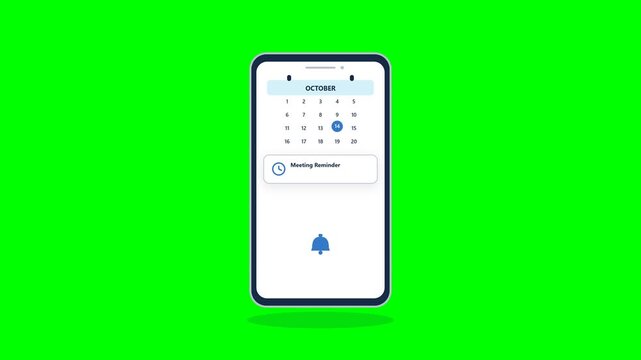Professional 2D flat vector motion graphics animation of a smartphone calendar adjusted downwards for better spacing, notification card between calendar and bell, and blue checkmark on solid green 