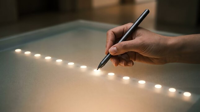 Close-up of a hand using a digital stylus pen on a glowing futuristic interface surface for graphic design and creative work