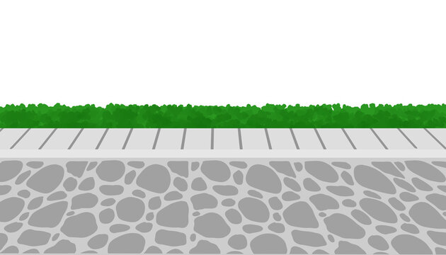 Stone cobble paved sidewalk with green hedge border background illustration