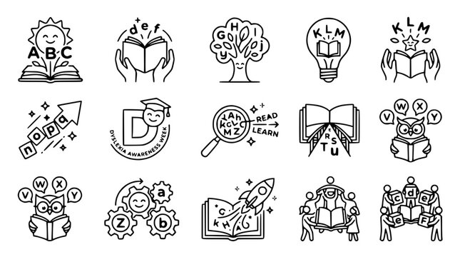 Dyslexia Awareness Icons Set: Reading, Learning, Growth, Education Concepts