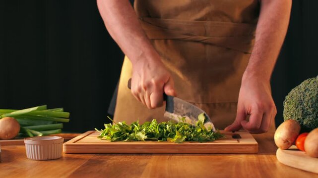 Cilantro parsley close up cut cutting coriander greens with knife aromatic texture macro traditional Asian and Mexican cuisine herb studio shot 