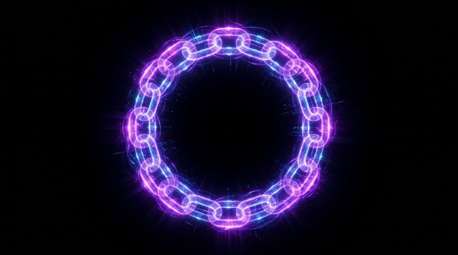 Top-down glowing holographic interlocking chain circle with negative space