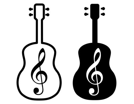 Guitar silhouette with treble clef symbol inside isolated on white background