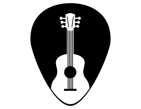 Guitar pick with acoustic guitar silhouette inside black background isolated on white background