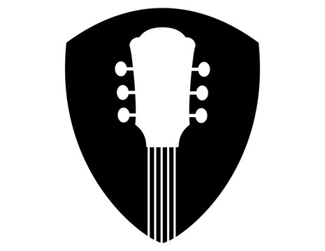 Guitar headstock and tuning pegs inside a shield emblem isolated on white background