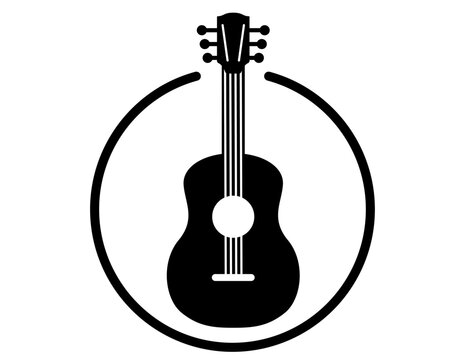 Black silhouette of an acoustic guitar inside a circle logo design isolated on white background