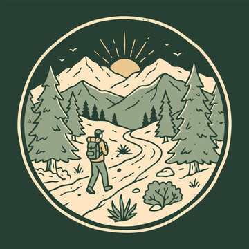 Retro badge style illustration of a hiker with a backpack walking on a trail through mountains and pine trees at sunrise.