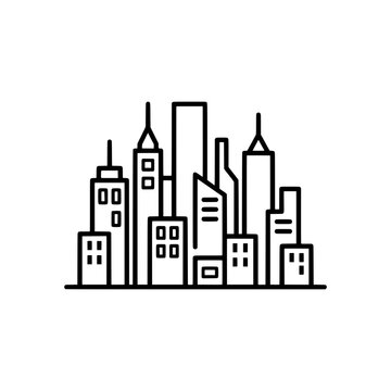City skyline with multiple skyscrapers of varying heights outline line art vector icon