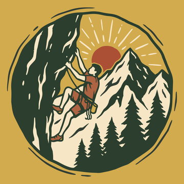A retro style of a rock climber scaling a mountain peak with a sun and pine trees in a circular badge design.