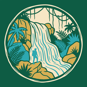 A stylish circular vintage badge illustration featuring a hiker standing by a tropical jungle waterfall with palm trees and foliage.