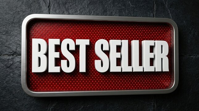 Close up of a weathered red best seller sign with a metallic border