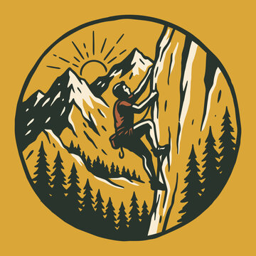 A vintage style badge illustration of a person rock climbing on a steep mountain cliff with a forest and sun in the background.