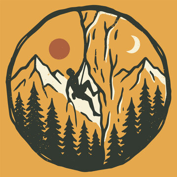 A vintage style badge illustration featuring a rock climber on a cliff with pine trees mountains and moon in a circular emblem design.