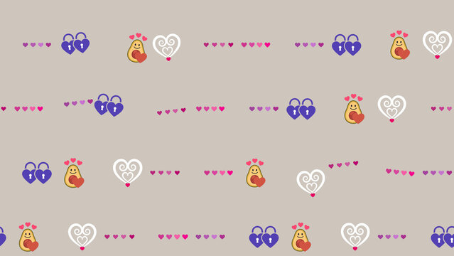 Heart icons, locks, and avocado emojis pattern