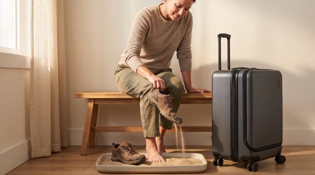 An adult traveler returning home and emptying sand from a hiking shoe over a shallow washable tray in a tidy entryway