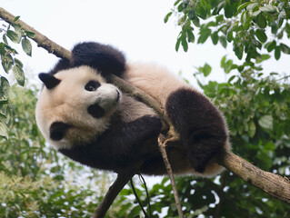 Giant Panda Climbing and Hanging from Tree Branches Outdoors © flysnow