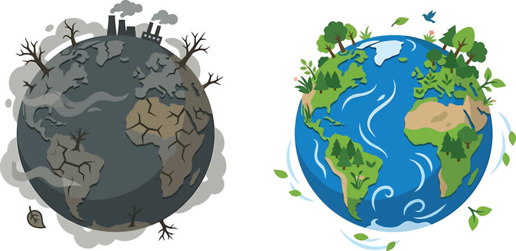 Comparison illustration of polluted dead earth with factories and clean green earth with lush nature and wildlife climate change environmental impact green planet factory pollution
