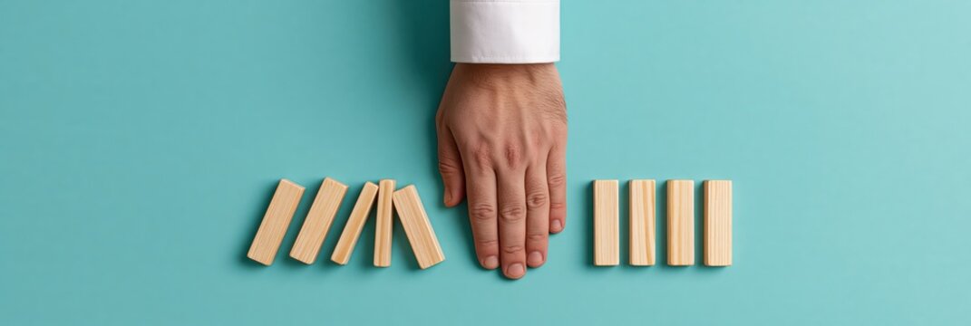 Hand stopping a domino effect as a business risk management strategy for crisis control concept
