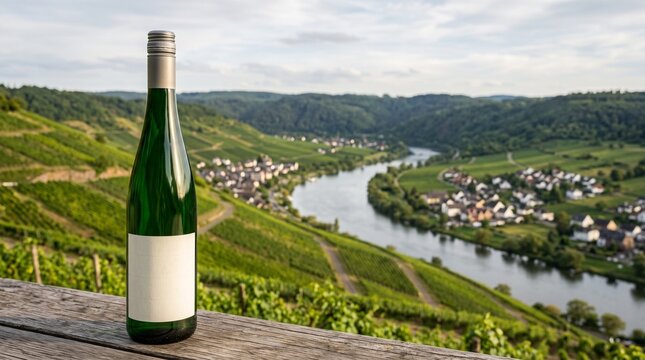 Green wine bottle mockup with blank label on wooden railing for German winery B2B