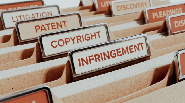 Legal file folders with copyright and patent infringement labels