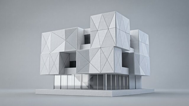 Geometric white architectural model with triangular panel facade for modern building design and urban planning concepts.