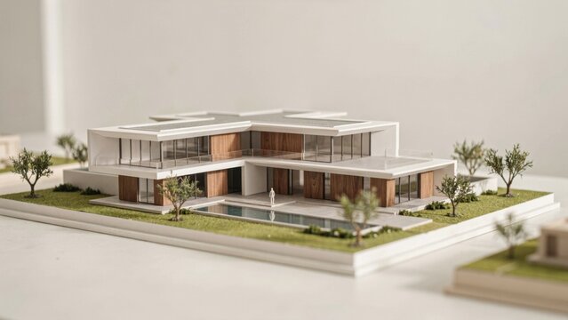 Minimalist architectural scale model of contemporary two story villa with swimming pool tiny trees and white finishings.