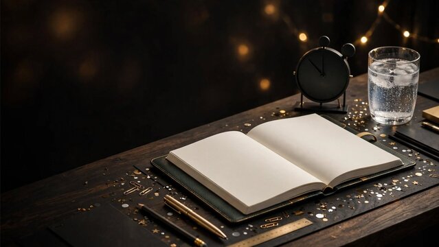 A flat lay of a desk with a book, pen, clock, and wine glass, creating a reflective atmosphere for New Year's planning