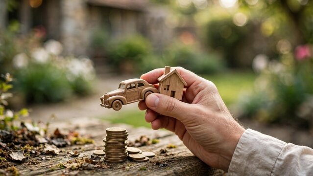 A hand with a tiny house and car model, reflecting on future goals and the journey ahead as the year ends