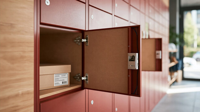Open red locker compartment with package waiting inside for pickup