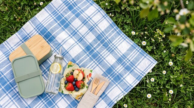 ピクニックシートに並べられたお弁当箱と新鮮な果物やお茶の春のアウトドアランチ