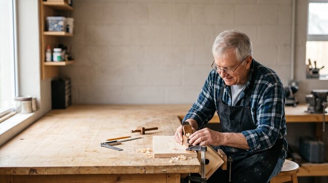 木製の手作り作品にサンドペーパーをかけて丁寧に磨き上げるシニアの手元