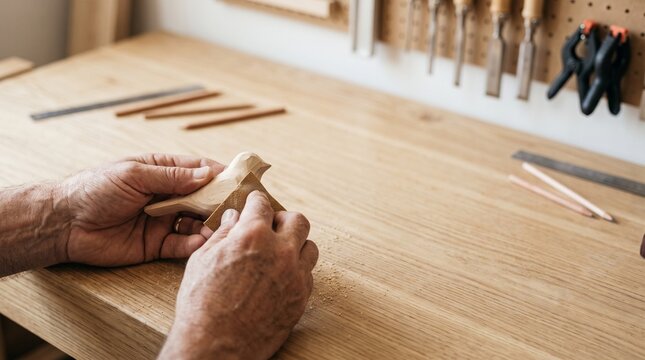 作業台で木工クラフト作りに集中するシニアのDIY趣味と充実したセカンドライフ